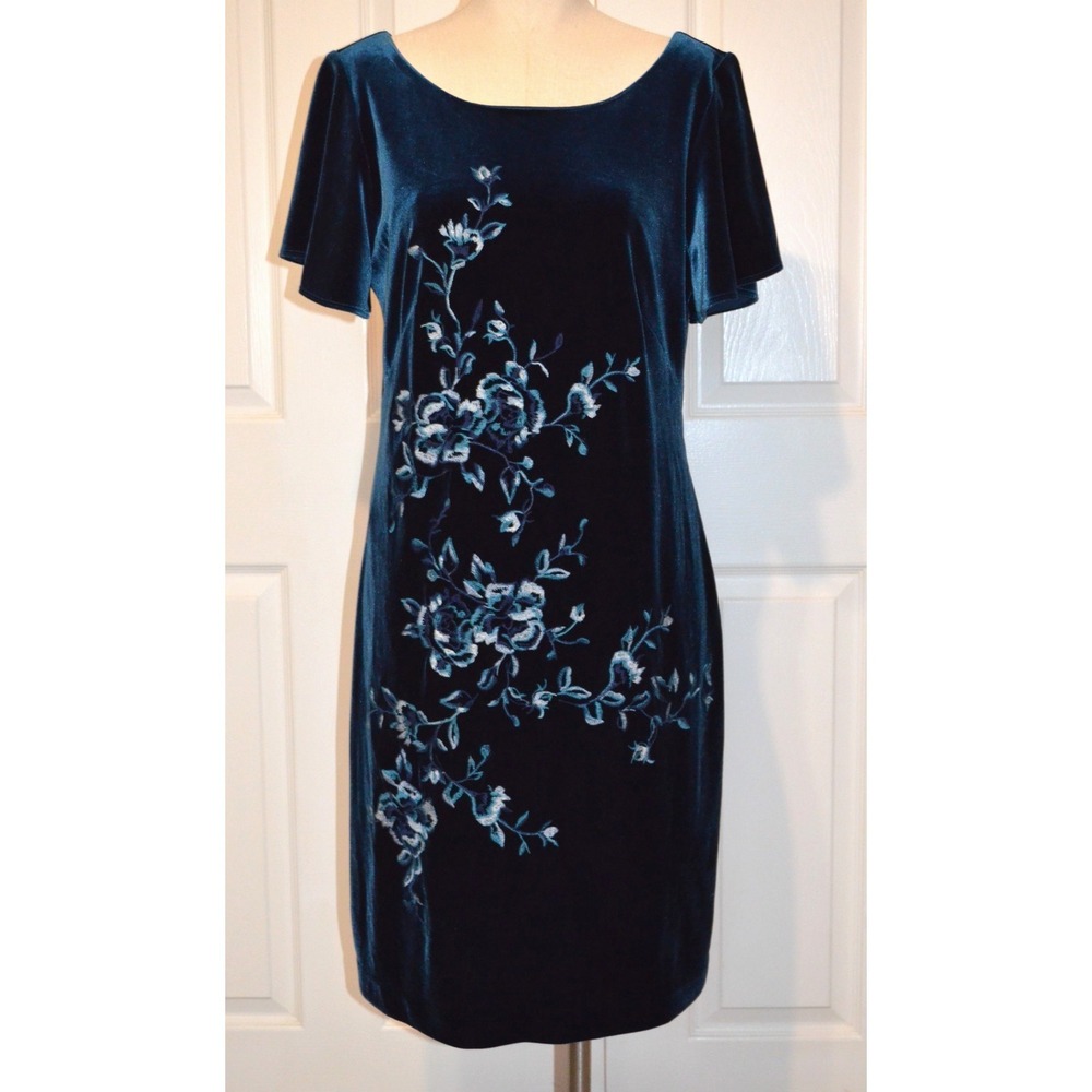 WHITE HOUSE BLACK MARKET Velvet Dress Embroidered Flowers Women's M Deep Teal